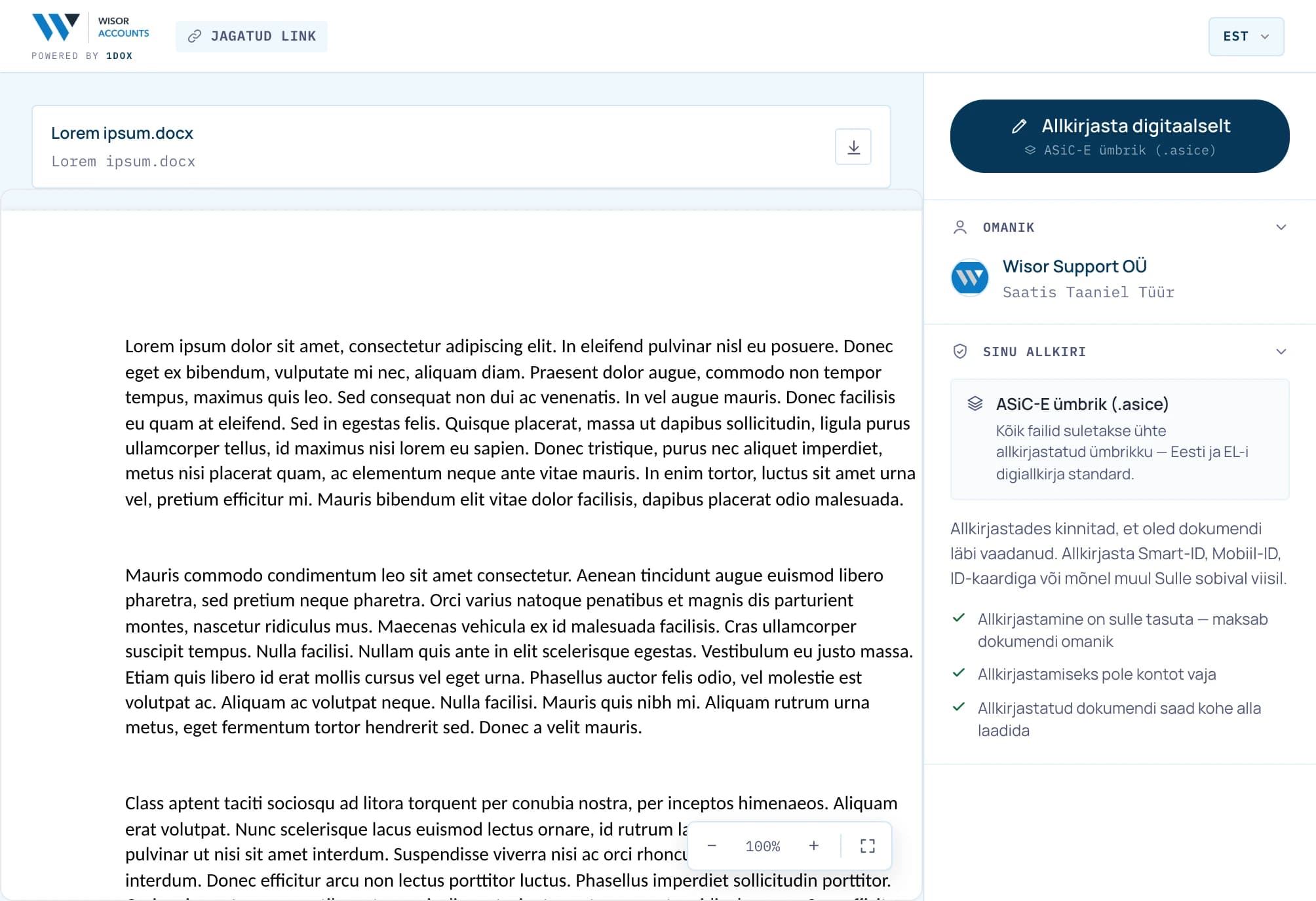 Wisor Accountsi allkirjastamise leht aadressil digisign.wisor.ee: Wisori logo, märge Powered by 1DOX ja nupp Allkirjasta digitaalselt